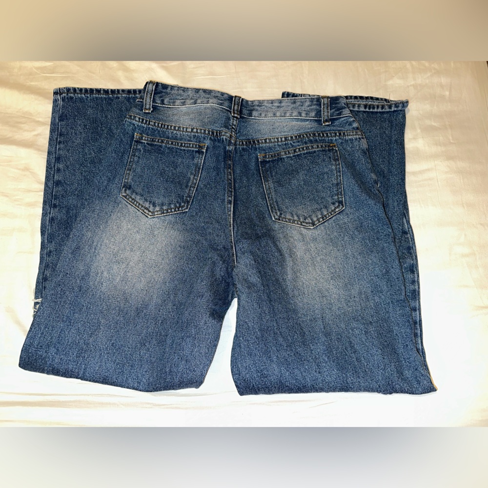 SHEIN PETITE High Waist Cut Out Ripped Frayed Straight‎ Leg Jeans - Picture 2 of 5